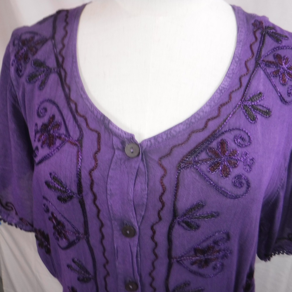 SR Fashions Purple Embroidered Rayon Maxi Dress Womens Large Button Front Boho